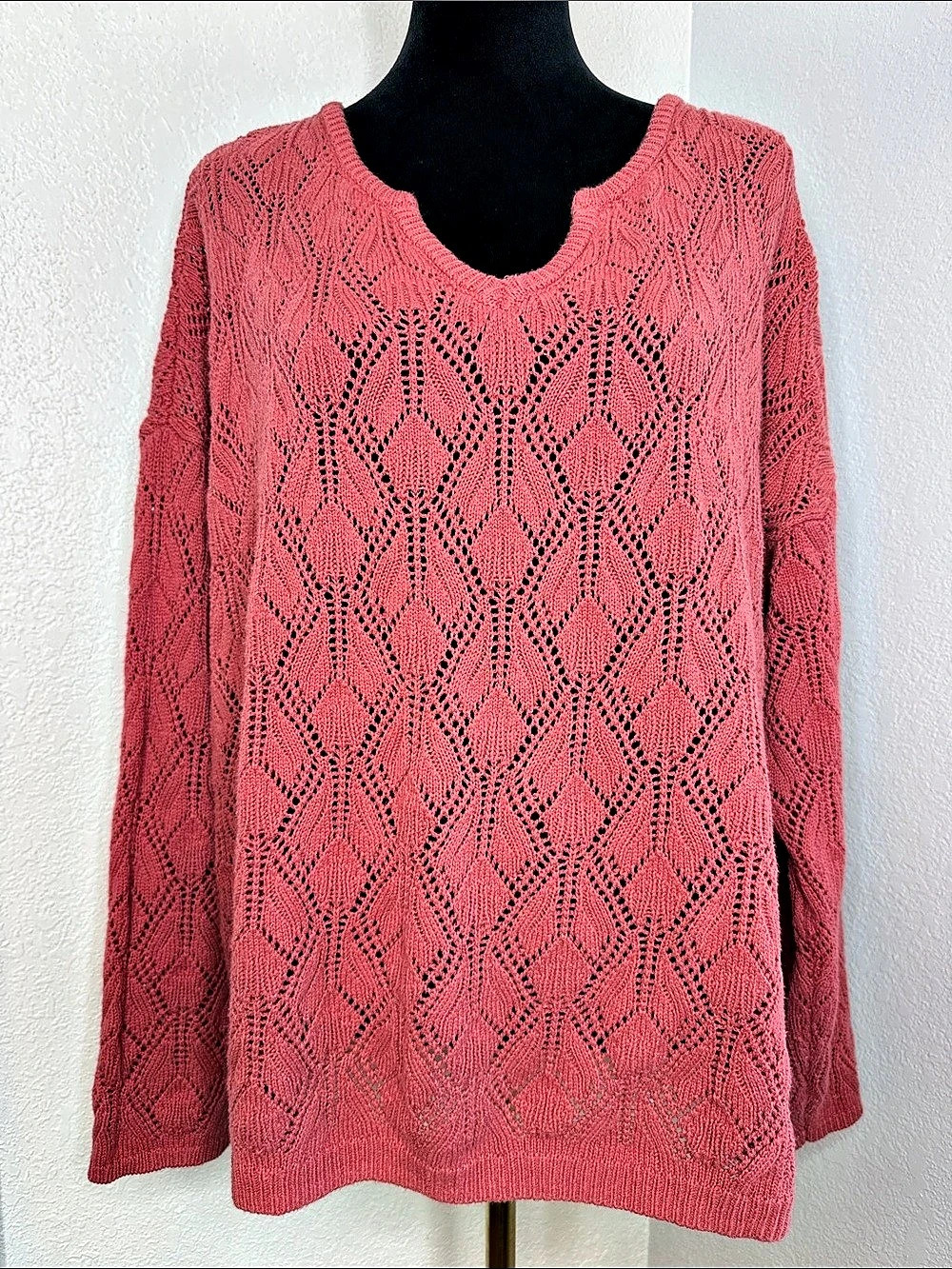 peace love world Boheme Coral Open-Knit Sweater Cotton Blend 2X crochet style